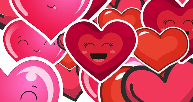 Full frame shot of red and pink heart shape smiling emoticons, copy space. Vector, world heart day, raise awareness, prevent and control cvd, encourage heart-healthy living, healthcare.