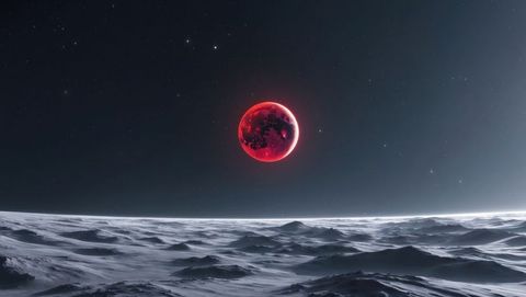 Red glowing moon over alien landscape with rugged terrain