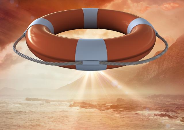 This image depicts a lifebuoy floating in mid-air over an ocean during sunset. The lifebuoy is orange with white bands and a rope, symbolizing safety and rescue. The background features a dramatic sky with clouds and sunlight breaking through, creating a surreal and captivating scene. This image can be used for themes related to safety, rescue, maritime activities, emergency preparedness, and surreal art. It is ideal for use in advertisements, websites, blogs, and educational materials focused on water safety and emergency response.