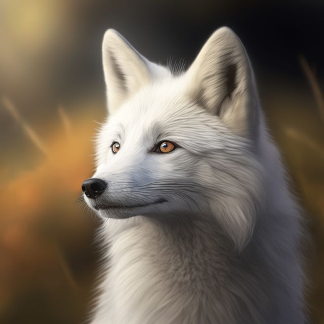 This image depicts a beautiful white fox with striking golden eyes in a soft focus background. It captures the majestic and serene essence of wildlife, perfect for use in nature-themed projects, artistic creations, or as a calming visual for websites and advertisements.