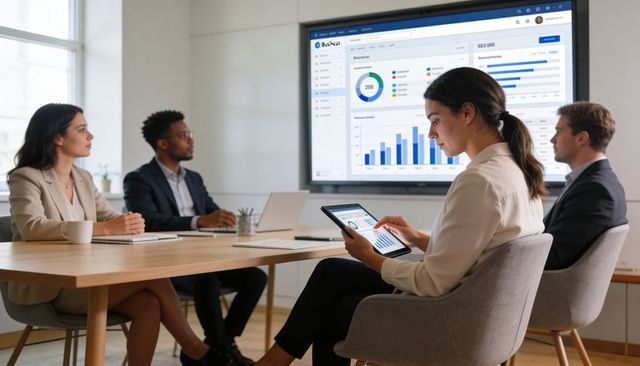 Business team analyzing dashboards on tablet and screen during modern boardroom meeting