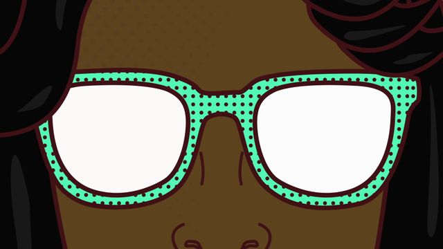 An animated cartoon African American woman wearing blue glasses, ideal for illustrating contemporary, trendy, and colorful themes. Can be used for art projects, advertising, social media posts, creative designs, and playful presentations.