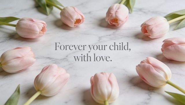 Pale pink tulip circle on marble with centered serif text for memorial greeting card design