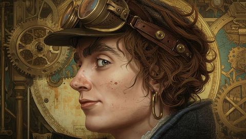 Steampunk inventor in vintage gear workshop