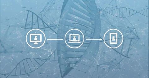 Linking Desktop Laptop Mobile Icons Over DNA Network Visualization Genomics Data Flow