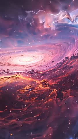 Vertical Spiral Zoom Revealing Luminous Galactic Core with Swirling Nebula Filaments and Ember Dust