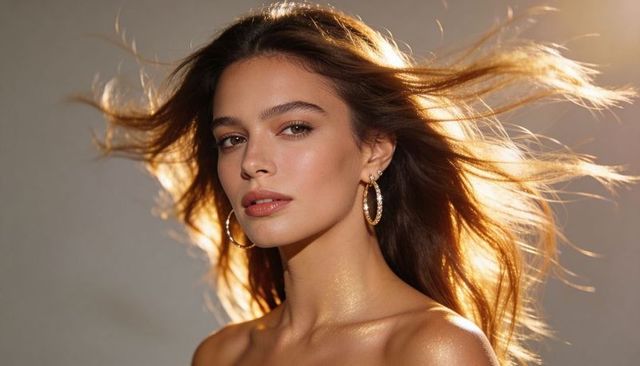 Golden rimlight beauty portrait with wind-swept hair, dewy skin, textured hoop earrings