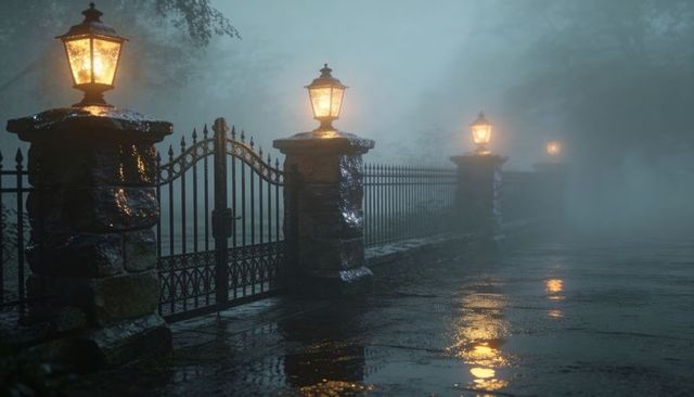Ornate Wrought Iron Gate and Lanterns Glowing in Foggy Wet Driveway at Night, Stone Pillars