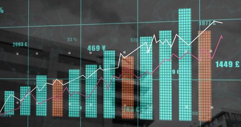 Financial data dashboard showing rising bar charts and trend lines over city glass facade