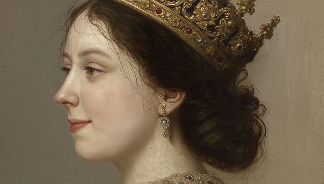 Royal portrait: queen wearing gold crown and jeweled gown
