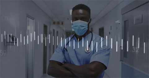 Confident Doctor in Hospital Corridor with Audio Waveform
