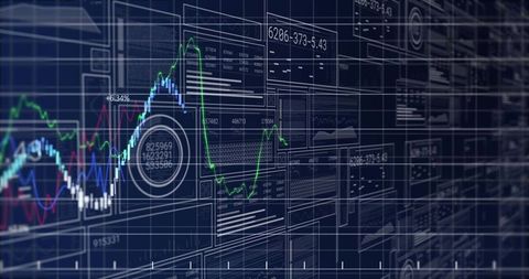 Futuristic Financial Dashboard Displaying Neon Line Charts and Wireframe Market Analytics