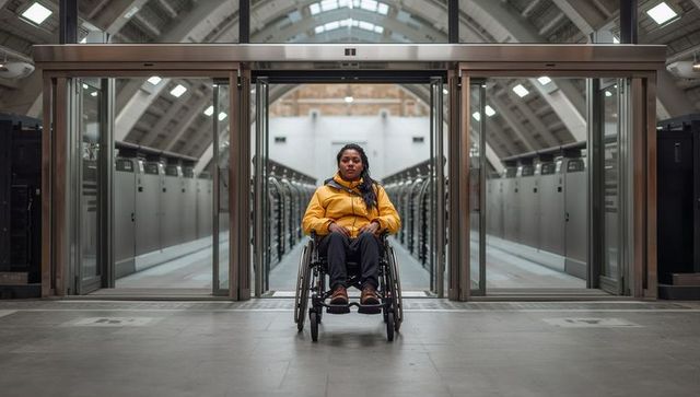 Woman in wheelchair sitting at modern train station entrance with symmetrical glass doors