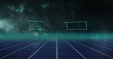 Futuristic Digital Interface with Neon Floor and Equations