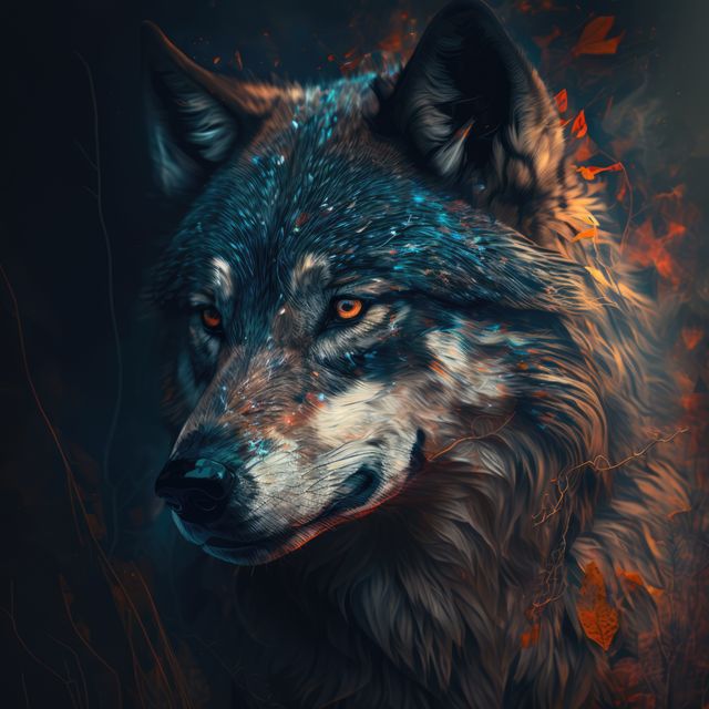 Wolf looking intently in moonlit forest surrounded by autumn leaves. Useful for nature-themed designs, wildlife conservation awareness, storytelling in children’s books or fantasy novels, educational materials about predator behavior, print art for home or office decor.
