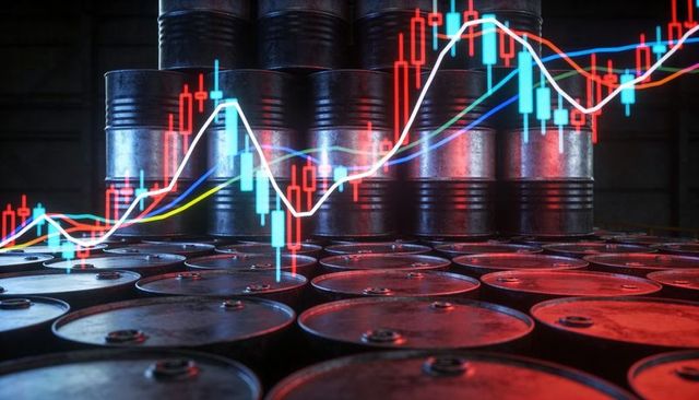 Oil barrel market volatility showing candlestick charts over industrial drum stack