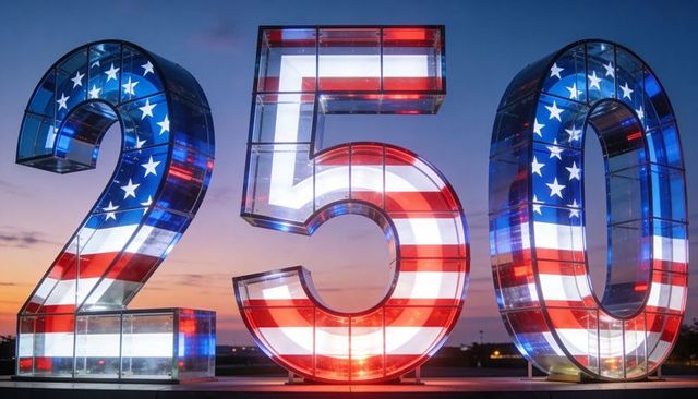Glowing glass numerals 250 featuring american flag motif and led lighting at twilight