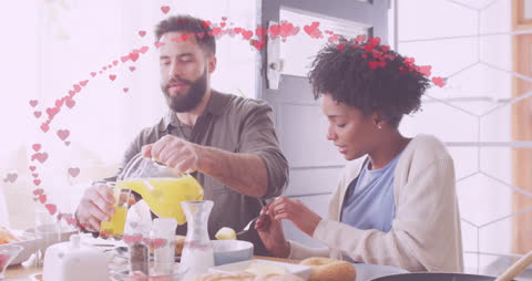 Couple Enjoying Breakfast with Animated Love Hearts