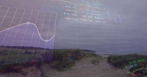 Digital data analytics overlay on beach pathway landscape