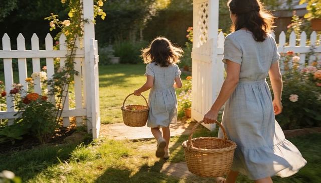 Mother and daughter walking through white gate with wicker baskets in sunny garden