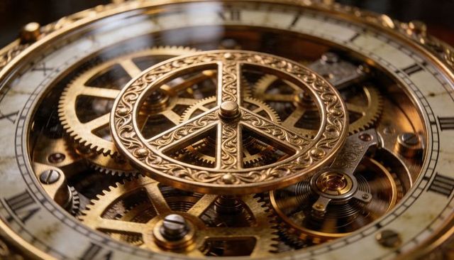 Antique brass watch movement with ornate filigree balance wheel macro detail