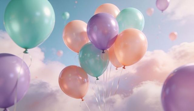 Floating pastel balloons drifting above pink clouds glossy party celebration background