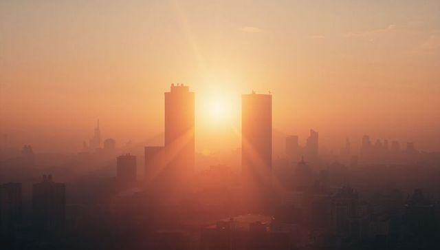 Twin skyscrapers silhouetted against warm sunrise in cityscape
