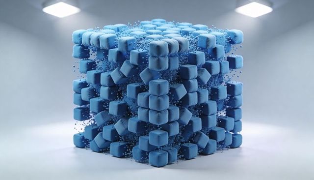 Floating Tufted Cube Fragmenting into Blue Micro-Spheres, Minimal Monochrome Voxel Sculpture