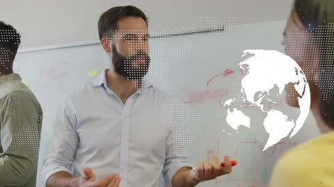 Global Business Team Strategizing with Digital Data Visuals