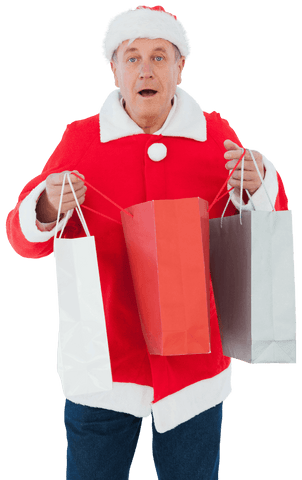 Senior Man in Santa Suit Holding Shopping Bags Transparent Background
