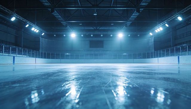 Empty ice rink reflecting floodlights and arena glow, surface shining under blue lighting