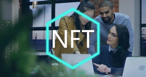 Startup Team Collaborating on NFT Launch Over Laptops with Futuristic Teal Hexagon Overlay