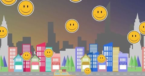 Smiling Emojis Over Vibrant Cityscape at Dusk