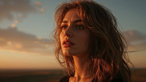 Contemplative beautiful lady gazing at sunset in vast open field