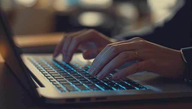 Hands typing on blue backlit laptop in coffee shop environment