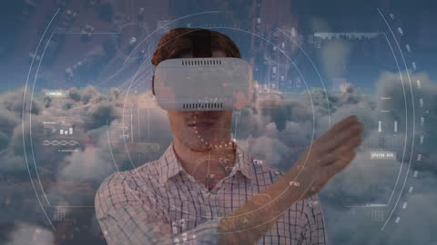 Man Using VR Headset with Futuristic Interface Over Clouds