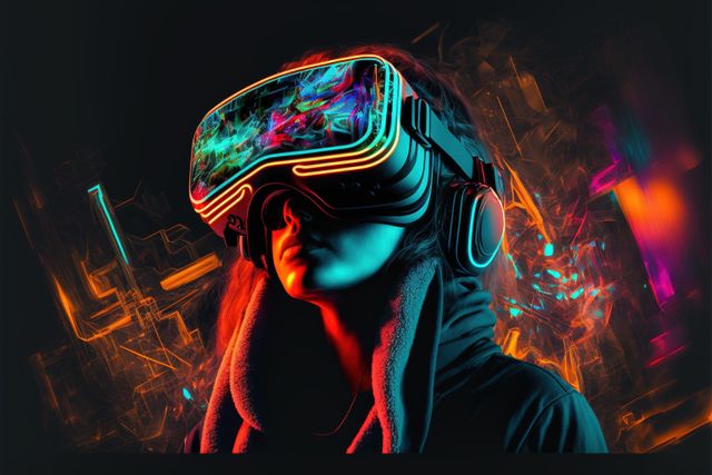 Caucasian woman in glowing vr headset, and neon network, created using generative ai technology. Cyber technology and futuristic virtual reality headset concept digitally generated image.