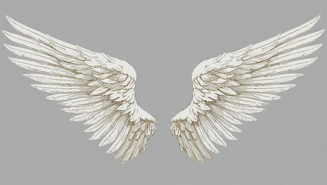 Symmetrical feathered wings spreading wide on gray canvas with ink linework