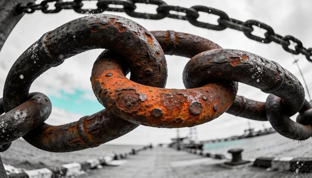 Rusting Harbor Chain Links Showing Orange Corrosion and Texture Close-Up Over Pier