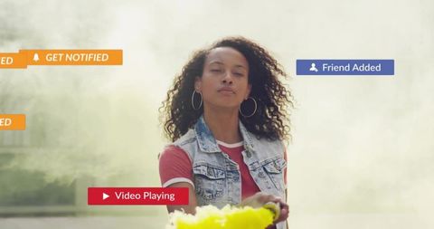 Street skater gliding through colorful city with social media elements