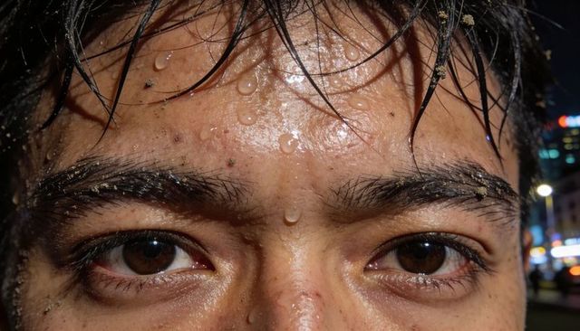 Staring wet male closeup portrait with water droplets and gritty urban neon bokeh at night