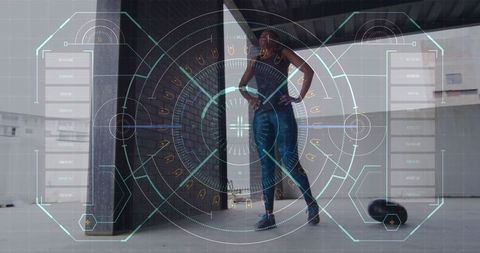 Augmented reality fitness interface with exercising woman