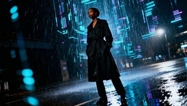 Standing in neon rain wearing trench coat on futuristic wet city street