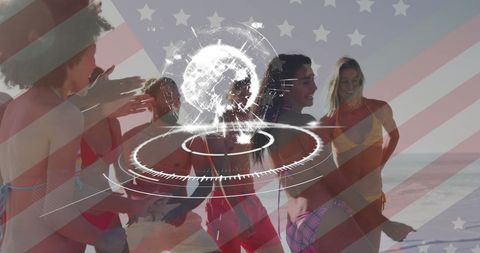 Diverse friends celebrating on beach with usa flag graphics overlay