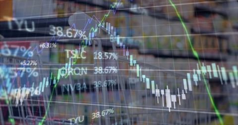 Supermarket shelves layered with candlestick trading charts, digital finance visualization