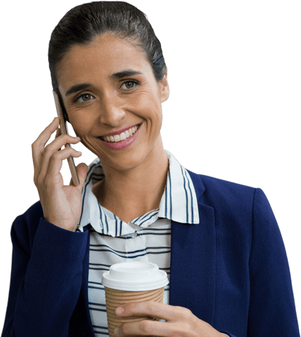 Smiling Businesswoman Talking on Mobile Phone With Coffee