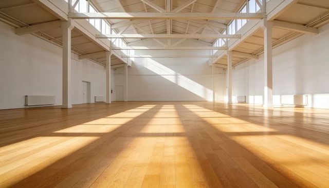 Spacious Industrial Hall Bathing in Sunlight with Polished Wood Floor and Skylight Trusses