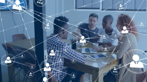 Diverse Team Discussing Digital Connections Network in Modern Office