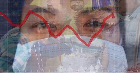 Children Celebrating Birthday with Stock Market Overlay