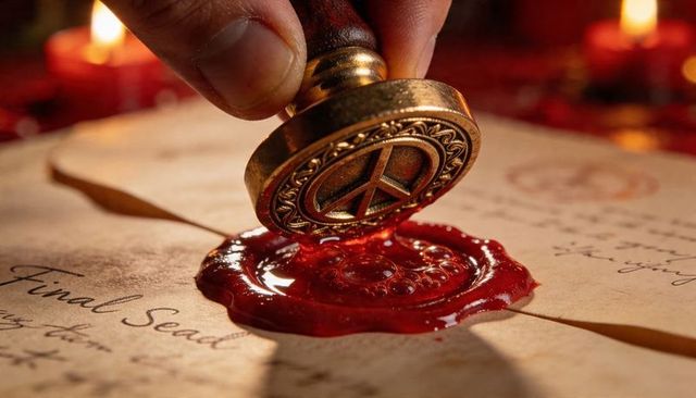 Stamping Peace Emblem Wax Seal on Aged Parchment with Candlelight Warmth